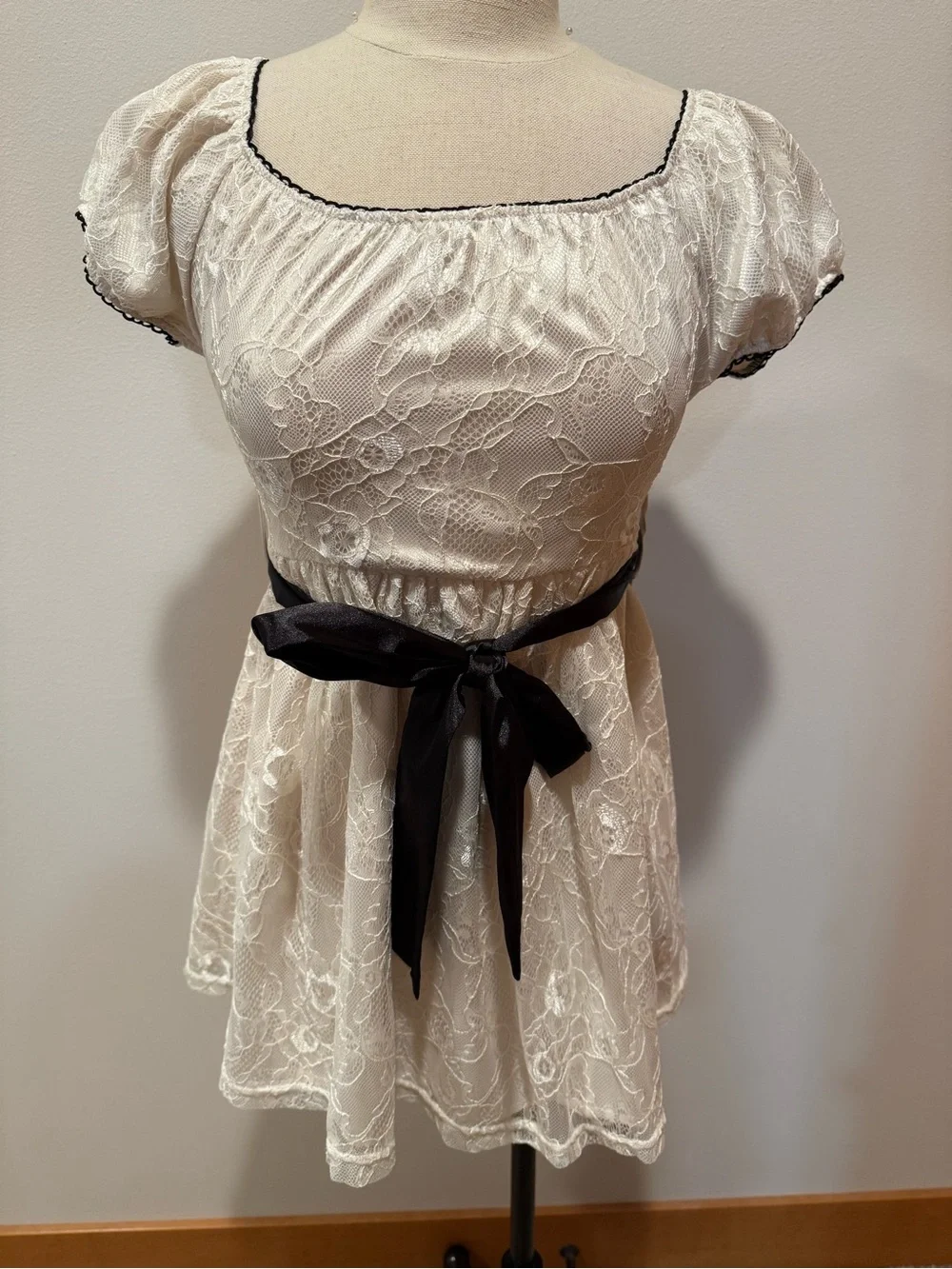 Ivory Lace Empire Waist Babydoll with Black Sash